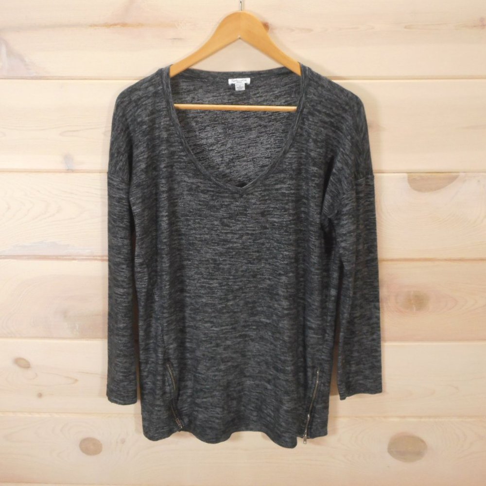 Splendid Women's Size Small V Neck Shirt Space Dye Gray Zipper Long Sleeve